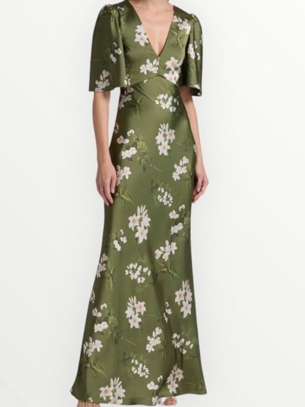 Sachin + Babi Mae Floral Print Satin Crepe Gown in Moss Formosa